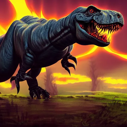 Prompt: a painting of a angry, demonic T-Rex standing close to camera in the style of devilcore, gorecore, acrylic, 3D render, blender render, realistic skin, twilight, glows, detailed, studio quality, HD image,