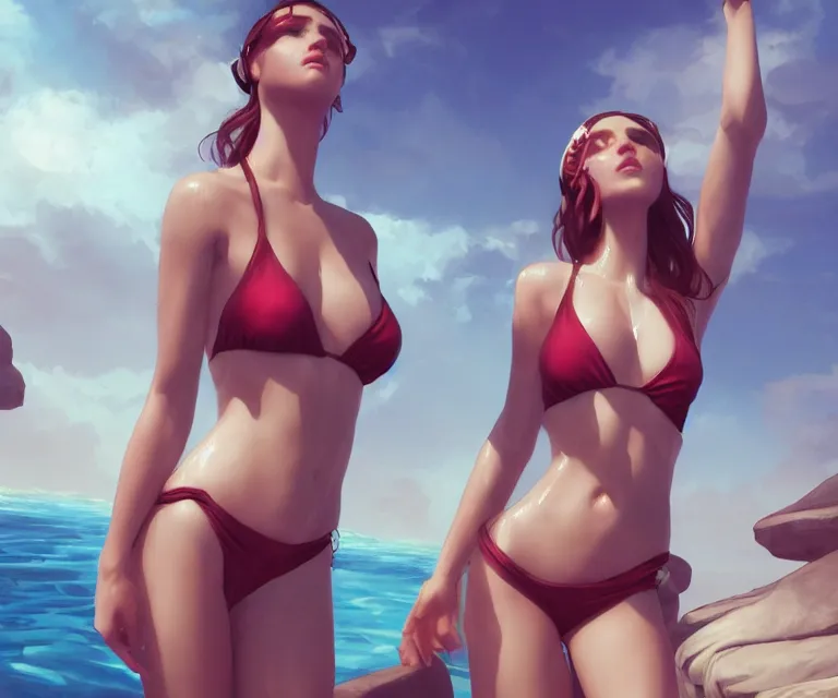 Prompt: pool party, swimming, bathing suits, by charlie bowater and titian and artgerm, intricate, face, fantasy, elegant, bombshell, beautiful, highly detailed, dramatic lighting, sharp focus, trending on artstation, artstationhd, artstationhq, raytracing, octane render, unreal engine, 4 k, 8 k