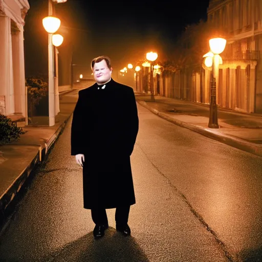 Prompt: 1 9 9 8 andy richter wearing a black wool coat and necktie in his car walking a dark residential street in chicago at night, dimmed yellow streetlights