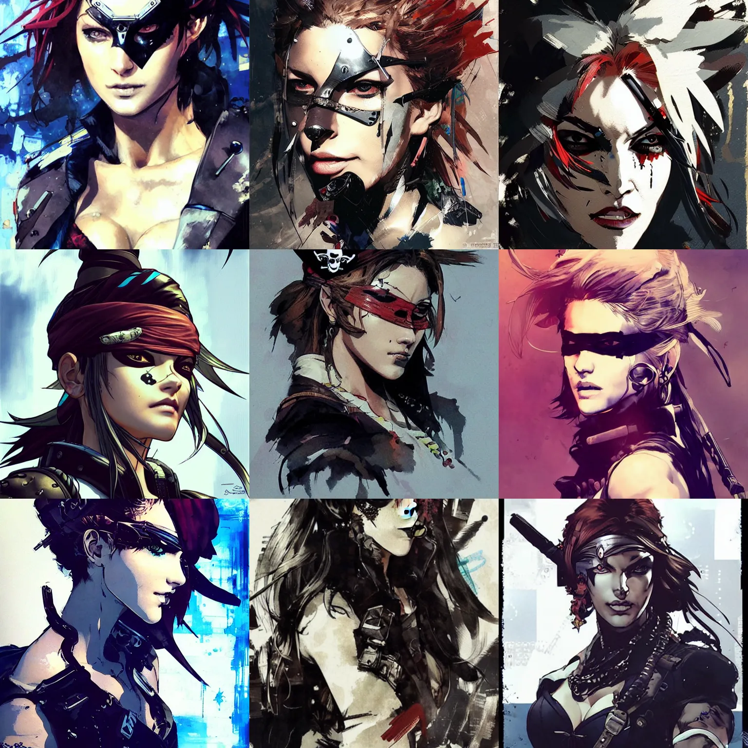 Prompt: a beautiful side portrait of a female pirate. she wears an eye patch and a black bra. art by yoji shinkawa and sandra chevrier, trending on artstation, award - winning, perfect composition.