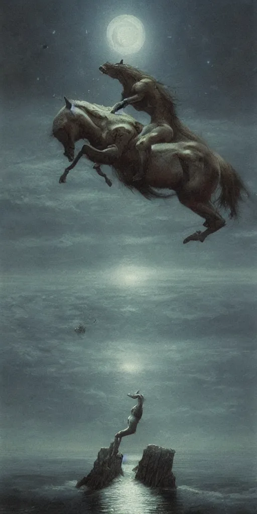 Image similar to a demon horse falls off a cliff and into the ocean under the moonlight, beksinski, dariusz zawadzki, surreal, ethereal