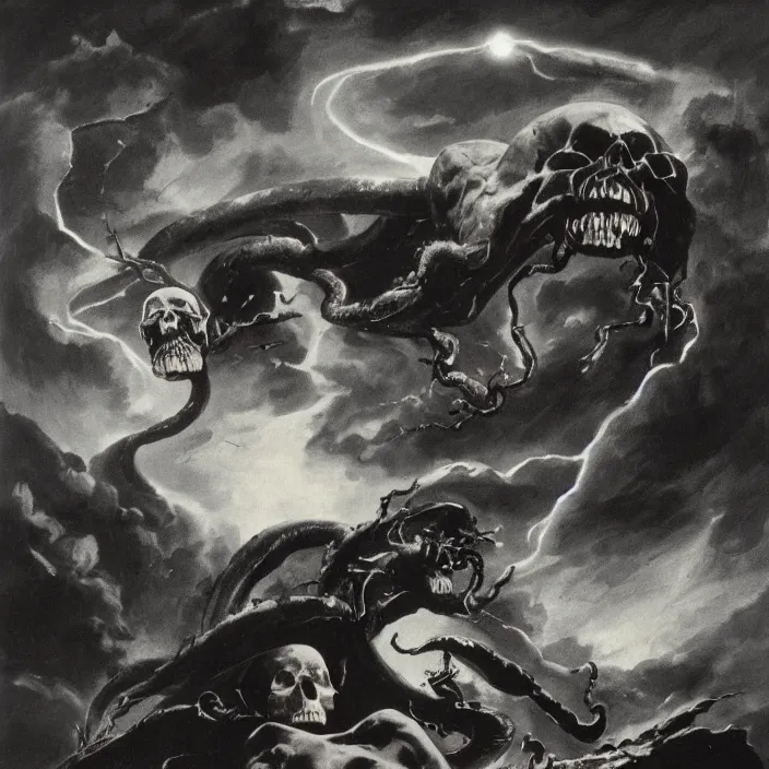 Image similar to bellatrix casting dark mark spell into the sky that is a vision of a skull with a snake protruding from its mouth by frank frazetta