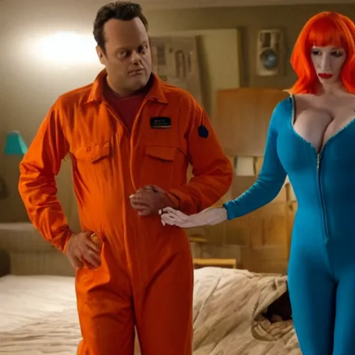 Image similar to vince vaughn as jack fenton, he is wearing orange coveralls bodysuit, and christina hendricks as maddie fenton, she is wearing a tight teal bodysuit, movie photo, spooky netflix still shot