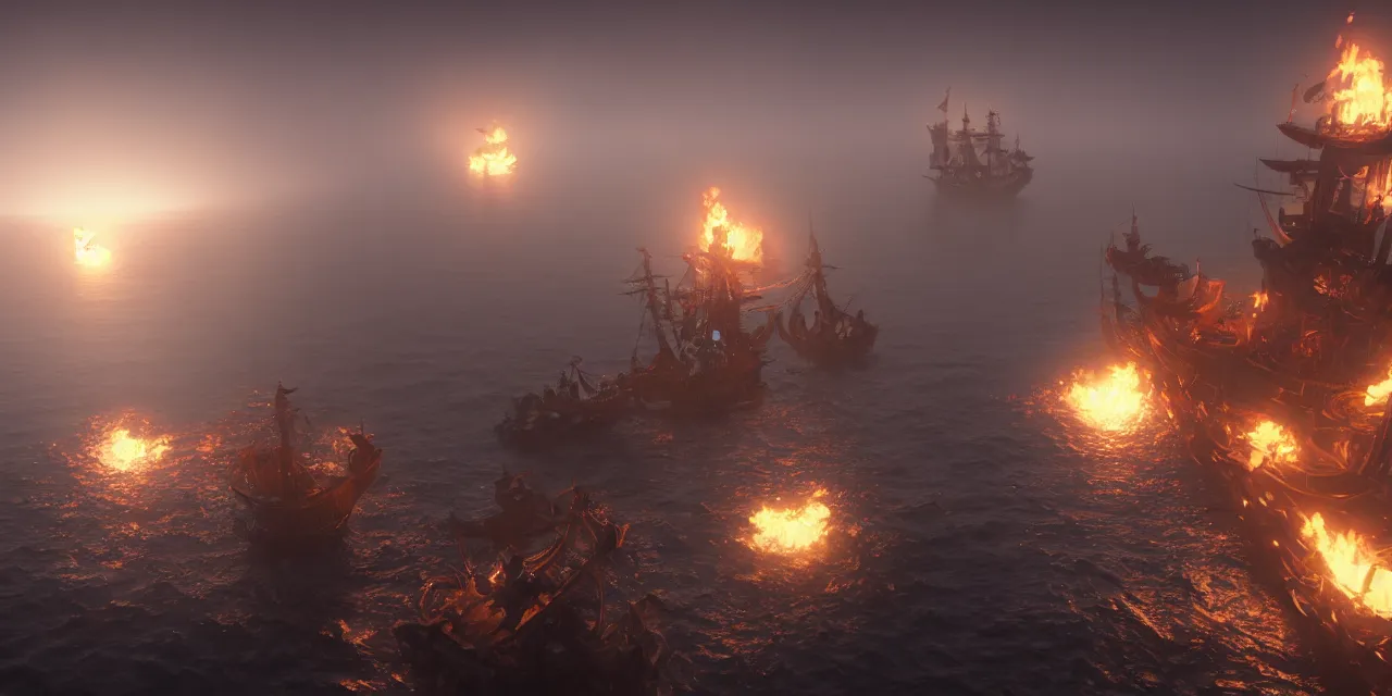 Image similar to pirates vs the kraken, cinematic, foggy, volumetric lighting, fire, unreal engine, trending on artstation