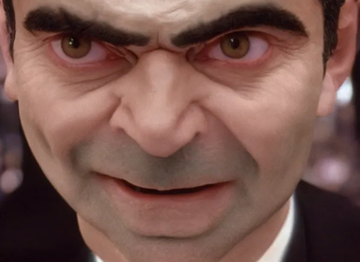 Image similar to hyper realistic, production still of mr. bean playing neo in matrix ( 1 9 9 9 ), 4 k, highly detailed, anamorphic