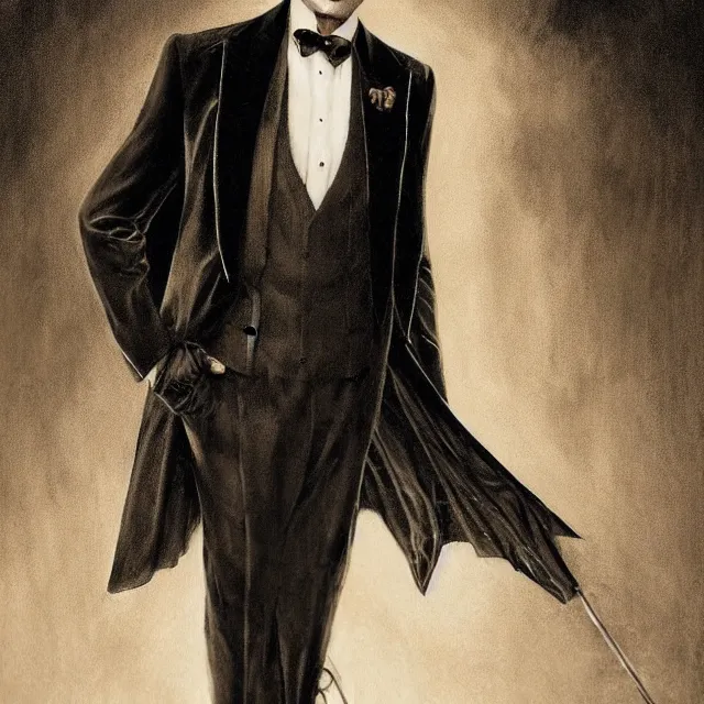 Image similar to photorealistic sepia portrait of a 1 9 2 0 s era male magician, well dressed, long - tailed tuxedo coat, in the style of dave dorman, atmospheric lighting, dark, brooding, painted, intricate, ultra detailed, well composed, best on artstation, cgsociety, epic, stunning, gorgeous, intricate detail, much wow, masterpiece