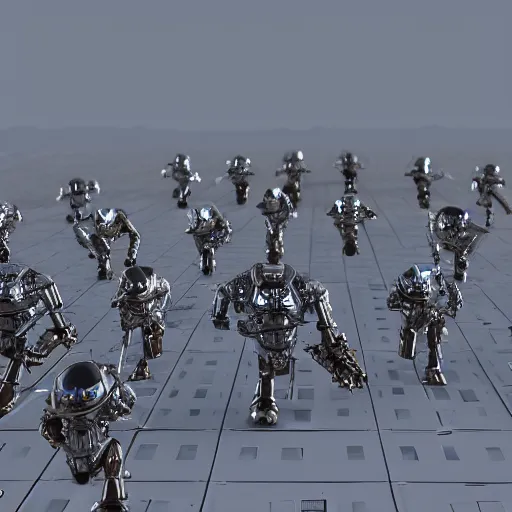 Image similar to army of army of metallic robots in desert, raytracing, 5 5 mm