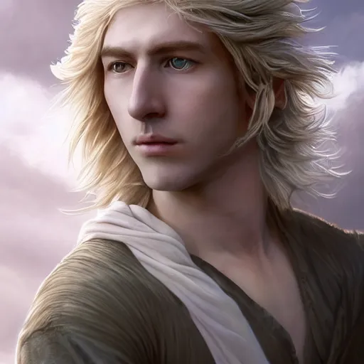 Image similar to a portrait of a young handsome elven prince, white fringy hair, smooth, epic clouds, beautiful landscape, backlit, incredible lighting, strong rim light, subsurface scattering, highly detailed, god rays, digital painting, HDRI, by Heise Jinyao, Heise-Lian Yan Fang, Feimo, Richard Taddei, vivid colors, high contrast, 8k resolution, intricate, photorealistic