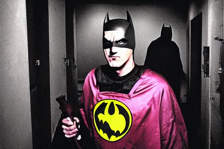 Prompt: michael keaton batman covered in beer wearing pink apron wielding an axe, chasing through old brown decrepit hallway, creepy smile, atmospheric eerie lighting, photorealistic face, dim lighting, bodycam footage, motion blur, photograph, first person shooter perspective with pistol