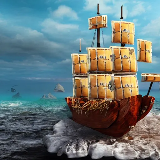 Image similar to a pirate ship on a baked beans sea 4k, photorealistic, high resolution