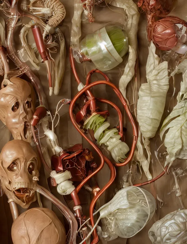 Image similar to a well - lit studio photograph of various earth - toned plastic translucent artificial hearts and organs, some wrinkled resembling reddish brown plastic cabbage, some long, various sizes, textures, and transparencies, beautiful, smooth, layered detailed, intricate art nouveau internal anatomy model, encased in clear plastic