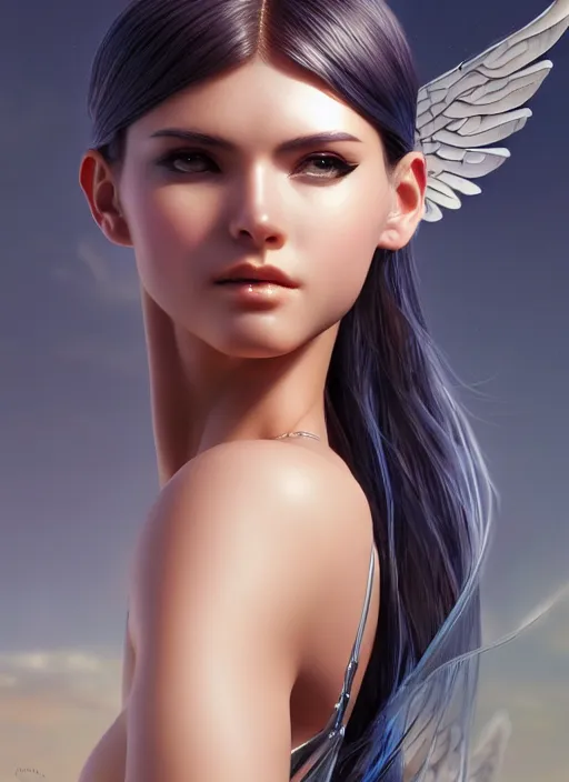 Image similar to photo of a gorgeous young mechanical angel woman in the style of stefan kostic, realistic, sharp focus, 8 k high definition, insanely detailed, intricate, elegant, art by stanley lau and artgerm