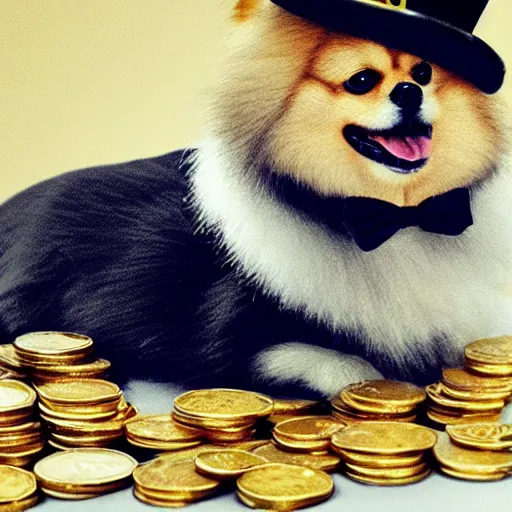 Image similar to A Pomeranian wearing a top-hat and monocle while sitting on a pile of gold coins