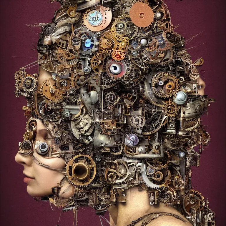 Image similar to profile portrait of a woman, computer parts, mechanical parts, by giuseppe arcimboldo, steampunk, cyberpunk, futuristic, psychedelic, surreal, sci - fi, vaporwave, alien, dreamlike.