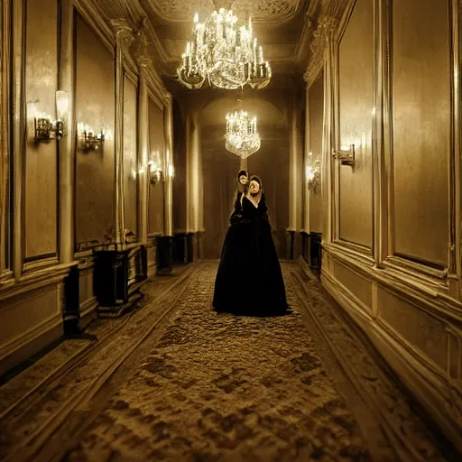 Prompt: a beautiful victorian woman is frightened by her doppleganger in a mirror. she is in a long hallway of mirrors. victorian interior, with many mirrors, elegant design, haunting atmosphere, dark lighting, gothic, horror style, swirling fog, volumetric lighting, by greg rutkowski, realistic, low angle, 3 / 4 view.