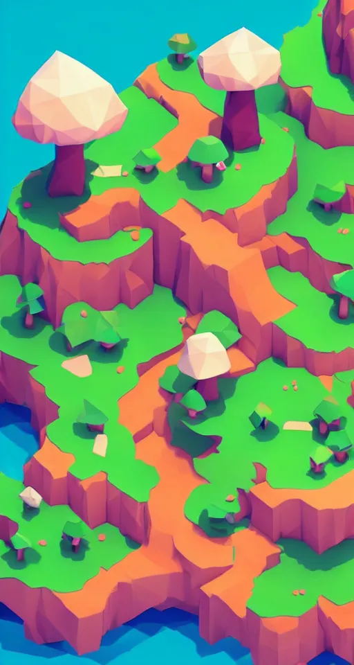 Image similar to a cute little matte low poly isometric mushroom island, waterfalls, lat lighting, soft shadows, trending on artstation, 3d render, monument valley, fez video game,