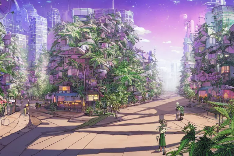 Image similar to an optimistic futuristic cannabis city street with hemp leaf pop motifs, by ghibli