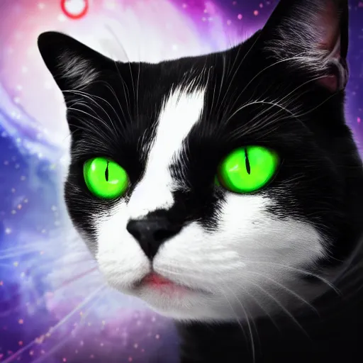 Image similar to a portrait of a beautiful black and white cat in space wearing a tuxedo with colorful bright green eyes, medium shot, hd, 8k, hyper-realism, detailed,