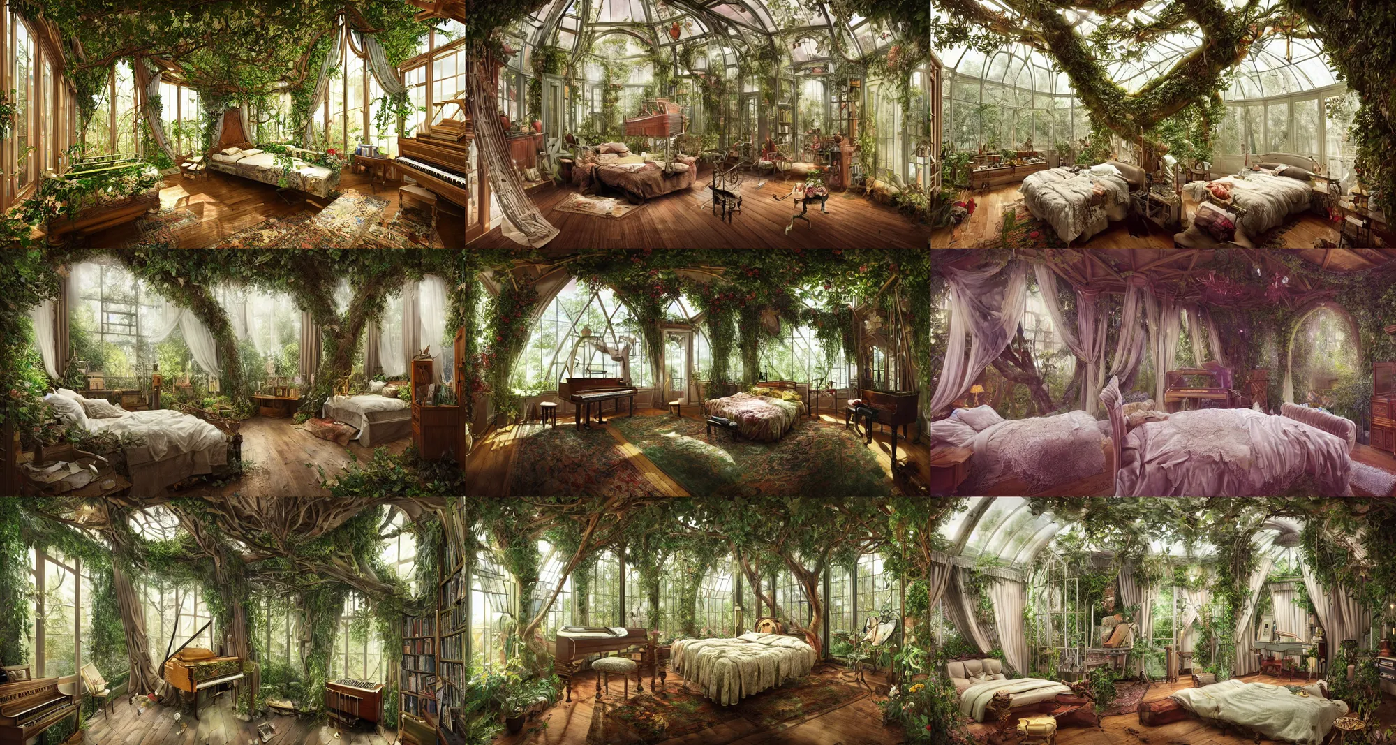 Prompt: a musical-themed bedroom in a victorian greenhouse treehouse. Pianos and instruments are in the bedroom. Tree branches and archways. The bedroom is built in a giant oak tree, ornate, beautiful, atmosphere, vibe, flowers, concept art illustration, Greg rutowski, volumetric lighting, detailed