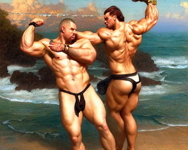 Prompt: handsome tattooed gym bro zeus and attractive tattooed gym bro apollo workout on the beach, epic painting by artgerm, gaston bussiere, craig mullins, j. c. leyendecker, tom of finland