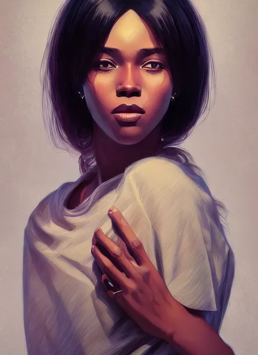 Image similar to handsome young black women with shoulder length white hair, half body shot, path traced, highly detailed, high quality, digital painting, alena aenami, lilia alvarado, shinji aramaki, karol bak, alphonse mucha, tom bagshaw