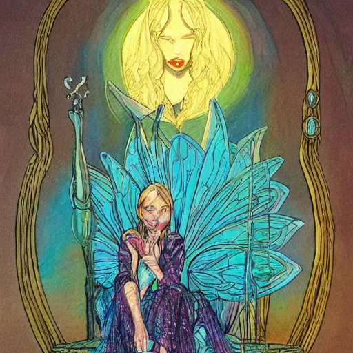 Image similar to acrylic painting, art in the style of Terry Moore, Moebius and Mohrbacher, a portrait of an elder fairy asleep on a chair, her wand and accessories beside her.