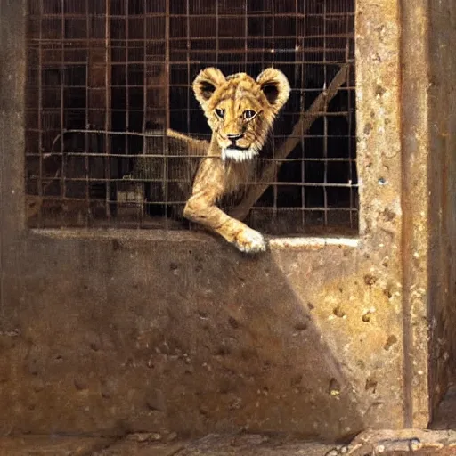 Image similar to adorable lion cub in a cage on a medieval fantasy market, oil painting, by greg rutkowski