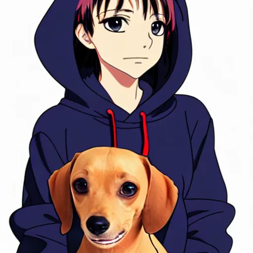 Image similar to christina ricci as a anime character, wearing a hoodie, cute wiener dog, natural lighting, path traced, highly detailed, high quality, cartoon, digital painting, by don bluth and ross tran and studio ghibli and alphonse mucha