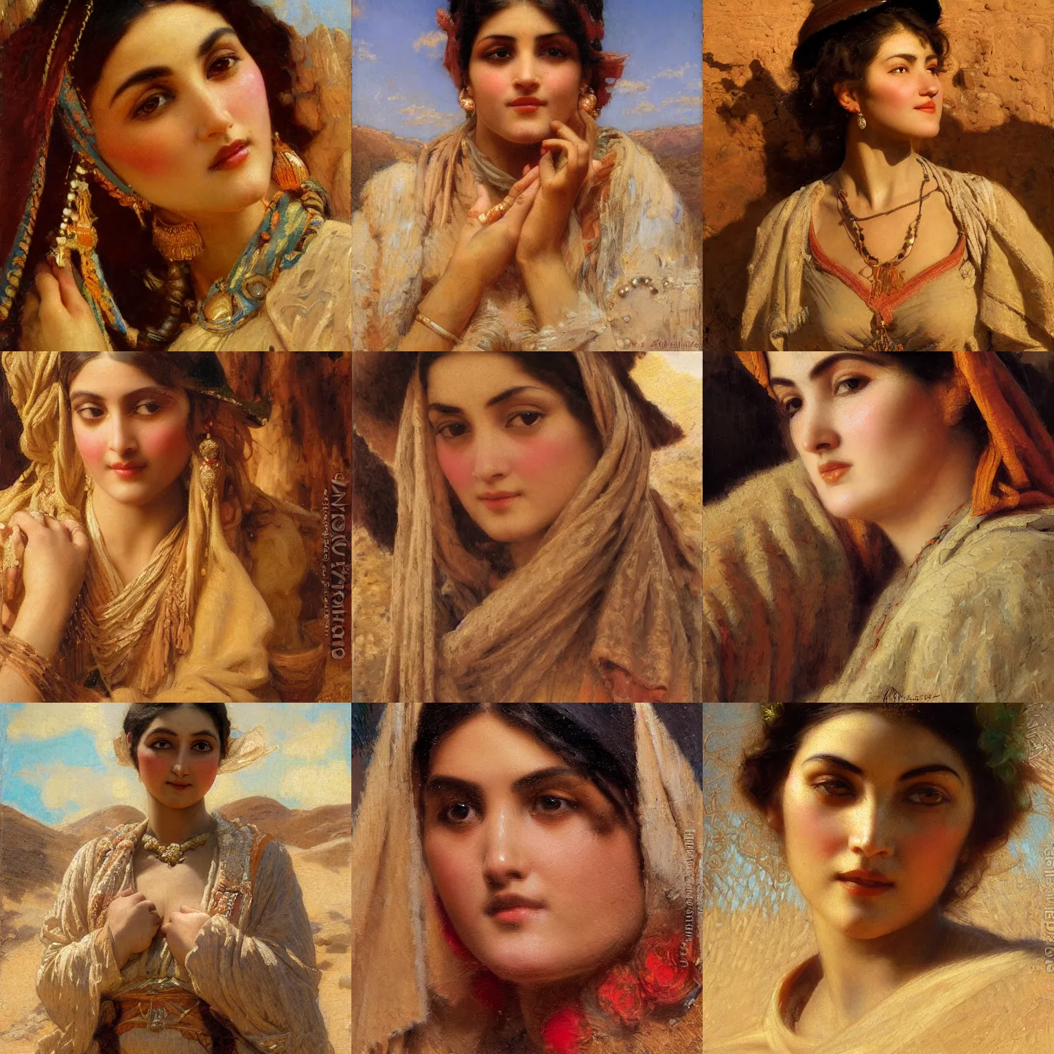 Prompt: orientalism cute woman in the desert face detail by theodore ralli and nasreddine dinet and annie swynnerton and nikolay makovsky and edwin longsden long, oil on canvas, masterful intricate artwork, excellent lighting, high detail 8 k