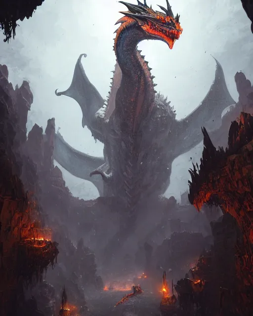 Prompt: A giant dragon in the middle of a dungeon, fantasy art, in the style of greg rutkowski, illustration, epic, fantasy, intricate, hyper detailed, artstation, concept art, smooth, sharp focus, ray tracing