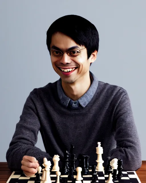 Prompt: smiling terence tao plays chess, New Yorker interview, white background, 90s color palette, NIkon D750, detailed photo