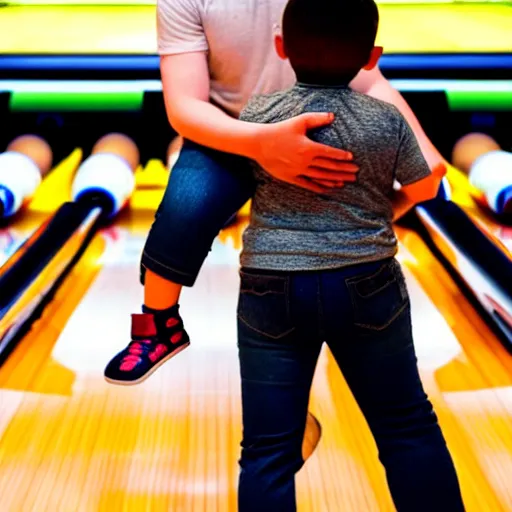 Prompt: a bowling ball with arms and legs holds a small human man in his hands in a bowling alley