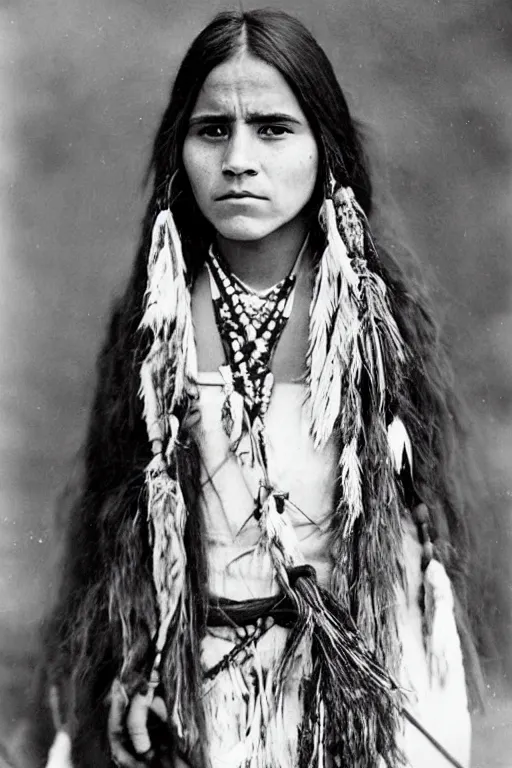 Image similar to “Photo of Native American indian woman Emma Watson, portrait, skilled warrior of the Chiricahua Apache, Lozen was the sister of Victorio a prominent Chief, showing pain and sadness on her face, ancient, realistic, detailed, emma watson”