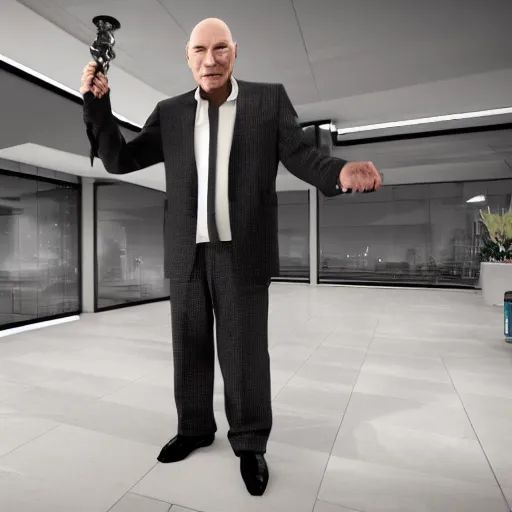 Image similar to Patrick Stewart dressed as an evil wizard, holding walking stick, standing in lobby of office building, style of GTA V, octane render