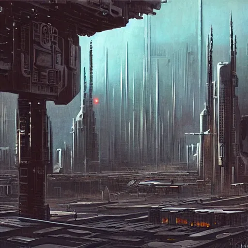 Image similar to dystopian evil cyberpunk cityscape, giant spires and buildings, 1 9 7 0 s star wars concept art painting