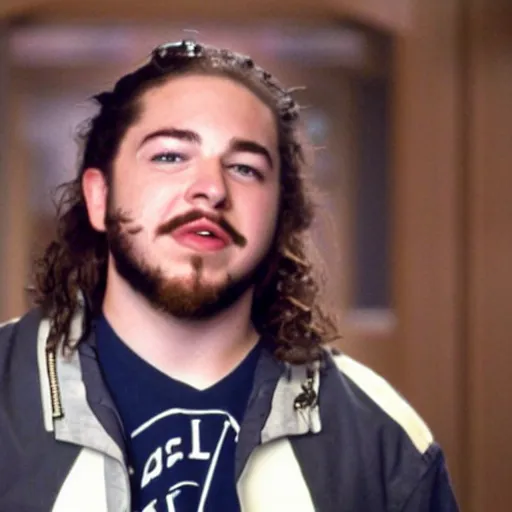 Prompt: a film still of Post Malone starring as Dewey Finn in School Of Rock (2003)