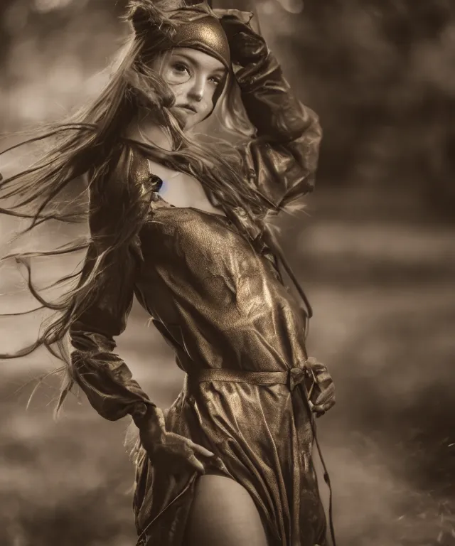 Image similar to A beautiful girl makes bronze gear, 50mm photo, soft light, extremely high details, motion blur