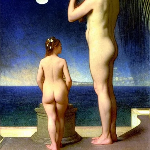 Image similar to Moon girl at the palace, thunderstorm, greek pool, beach and palm trees on the background major arcana sky, by paul delaroche, alphonse mucha and arnold böcklin arnold böcklin hyperrealistic 8k, very detailed