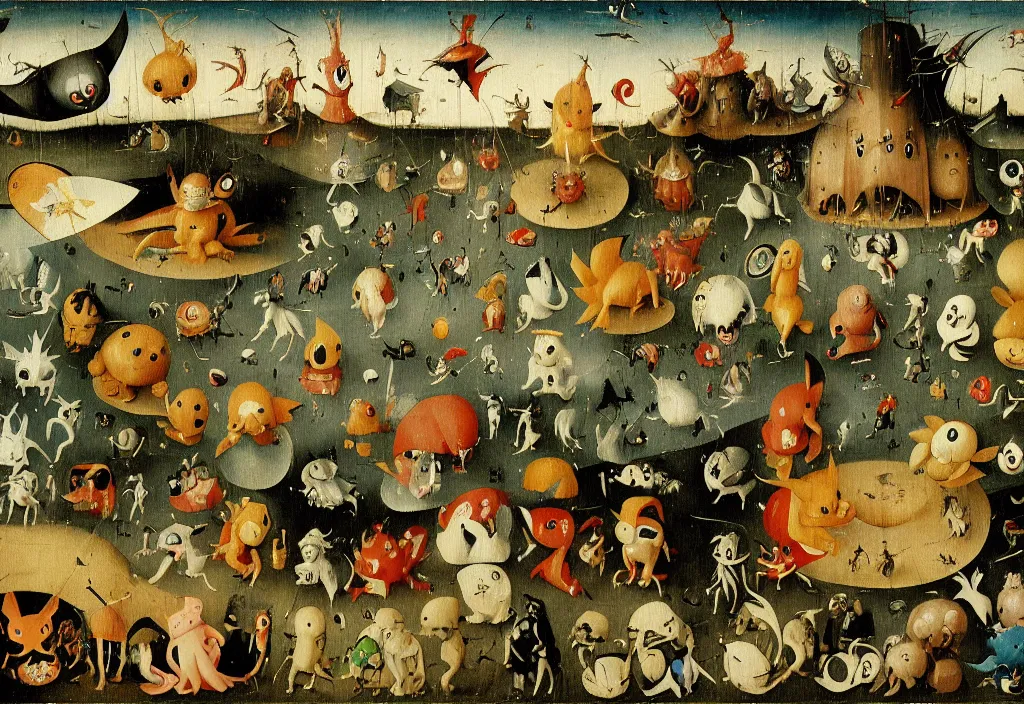Image similar to hieronymus bosch painting of pokemon living in the wild