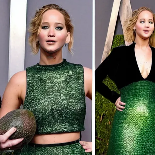 Image similar to jennifer lawrence completely covered in a big avocado