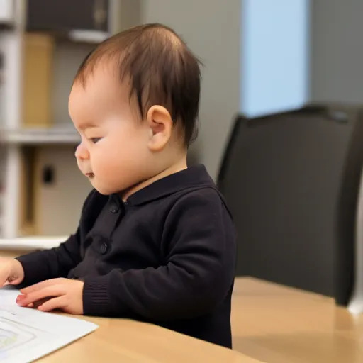 Prompt: a baby using CAD computer drafting, working at a desk, wearing business attire