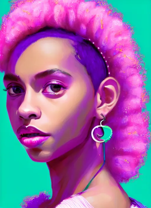 Image similar to portrait of teenage vanessa morgan with bright pink hair, black girl, curly pixie cut hair, wearing a purple breton cap, breton cap, hoop earrings, intricate, elegant, glowing lights, highly detailed, digital painting, artstation, concept art, smooth, sharp focus, illustration, art by wlop, mars ravelo and greg rutkowski