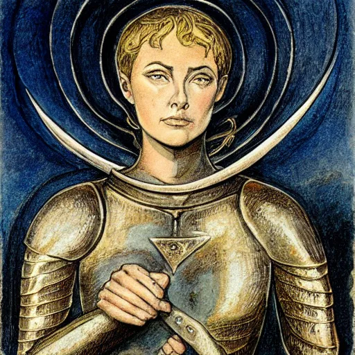 Image similar to jeanne d'arc in the style of william blake, terese nielsen, isolde, 8 k resolution