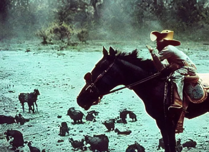 Image similar to a lone ranger cowboy wearing an eye mask disguise while he sinks into a tar pit with his horse, wide shot, from the hit 9 0 s tv show