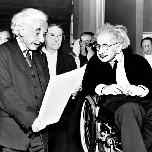 Prompt: Albert Einstein meeting stephen hawking on the red carpet