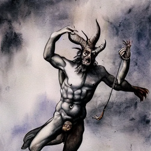 Prompt: the devil being cast down from heaven. india ink and water color masterpiece painting, da vinci, hyperrealism, barlowe, 4 k