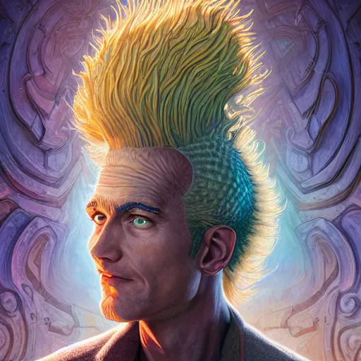 Prompt: lucky labyrinth mohawk scales generator portrait by gaston bussierre and charles vess and james jean and erik jones and rhads, inspired by rick and morty, epic, funny, huge scale, beautiful fine face features, intricate high details, sharp, ultradetailed