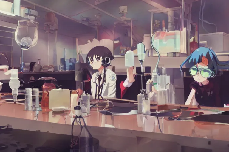 Image similar to anime still of reckless!!! whimsical! trippy scientists in a lab inventing, presentation, scattered tables overloaded with doomsday devices and beakers and test tubes, by makoto shinkai yoshinari yoh ilya kuvshinov