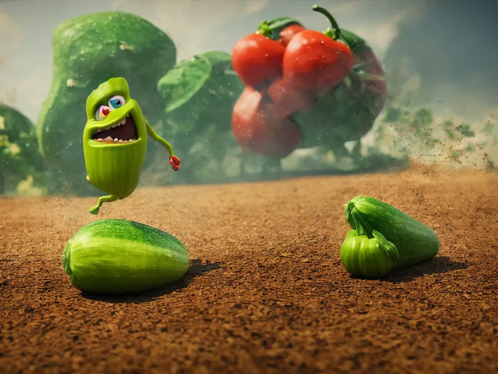 Prompt: detailed 3 d render of a raging zucchini character with burning scissors running on dirt road, scared tomates scattered everywhere, high speed action, explosions, dramatic scene, hyper realistic octane render, cinematic lighting, splatter, deviantart, black sky, lowbrow, frame from pixar movie