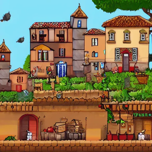 Prompt: A Spanish village. 2D videogame, Side Scrolling, Seamless, Parallax.